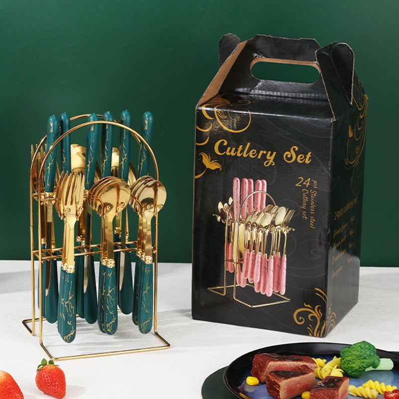Cross-border Stainless Steel Tableware Marble Handle Hotel Steak Knife, Fork, Spoon and Tea Spoon 24-piece Storage Rack suit(Dark green Black green = Micro thick/water polished/plastic handle) - Image 2